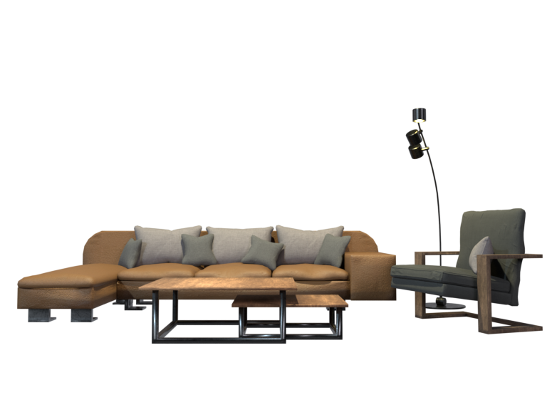 3D Model of couch, couch table, an armchair and a lamp