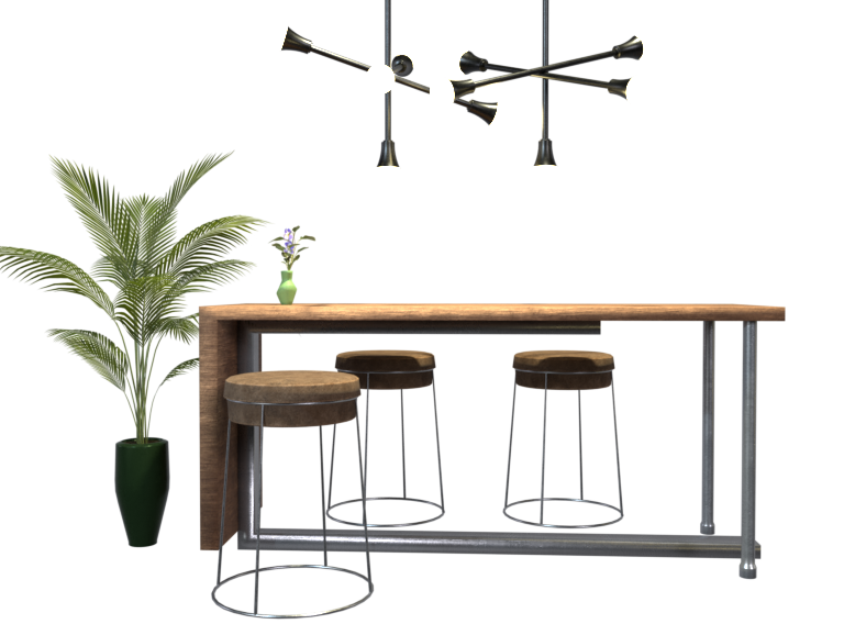3D Model of a table, barstools, lamps and a decorative plant