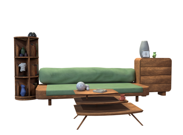 3D Model of a couch, couch table, a dresser and a shelf with decor