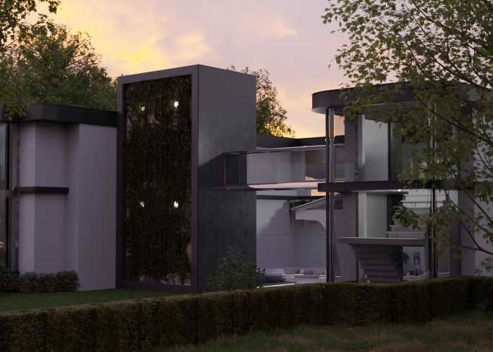 3D model of a modern building around a place with gre