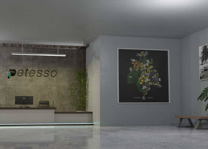3D model of modern workplace with decor and greenery
