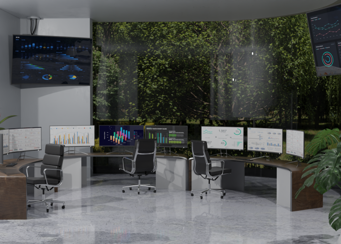 3D model of a modern workplace with computers and monitors with greenery outside