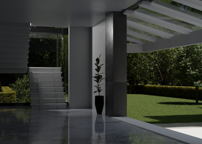 3D model of a modern building with a decorative plant and greenery
