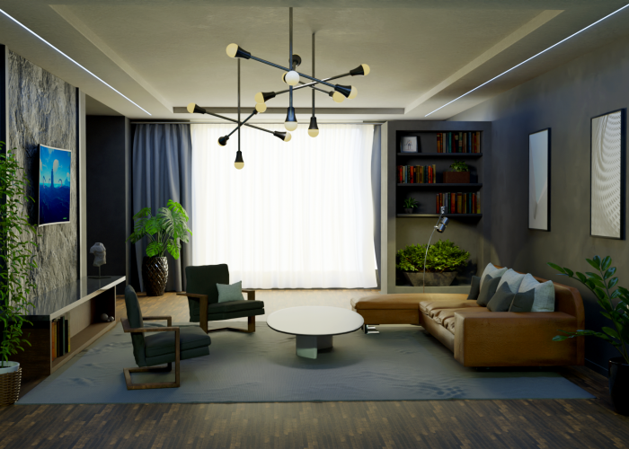 3D Model of a room with a couch, lamp, couch table, two armchairs, a tv, and decorative objects
